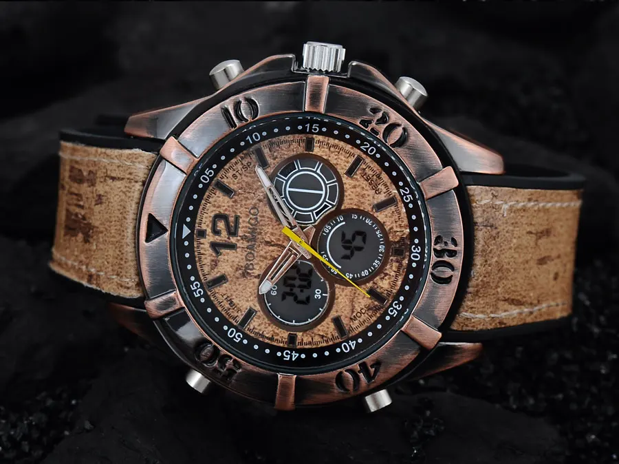 BOAMIGO Brand Vintage Punk Men's Watches Retro Wood Design Analog Digital LED Quartz Watch Waterpfoof 2 Time Zone Wristwatches (10)