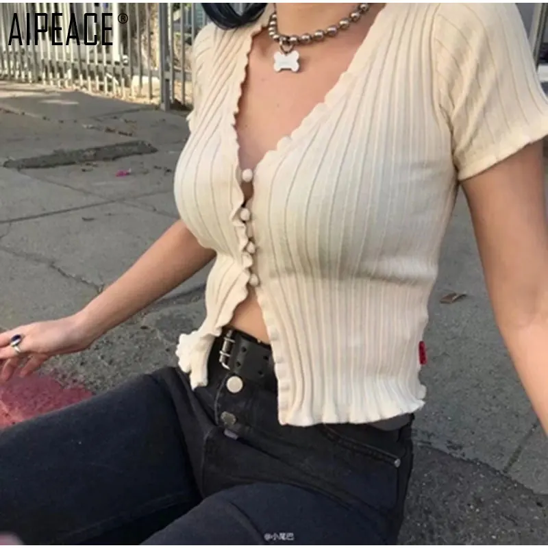 AIPEACE المرأة تي شيرت المرأة محبوك تي شيرت أزياء المرأة عارضة مثير ضئيلة falbala و تظهر بطن شخصية المحملة بيور كولور القمم