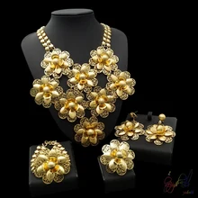 Yulaili Free Shipment Hot Sell Big Flower Design Copper Pure Gold Color Ladies Dubai Jewelry Sets