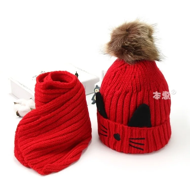 Cartoon cat hairball beanies sets velvet wool kids Child Knitted fur hats winter fur inside 2 pcs baby girl scarf hat set