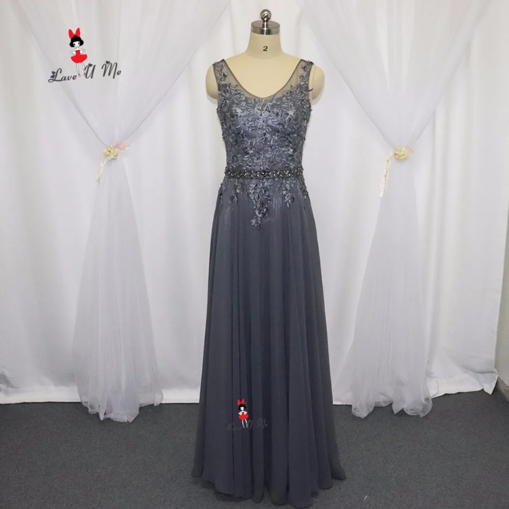 Modest Gray Bridesmaid Dresses Long Lace Crystals V Neck Back Tank Vestidos Madrinha de 