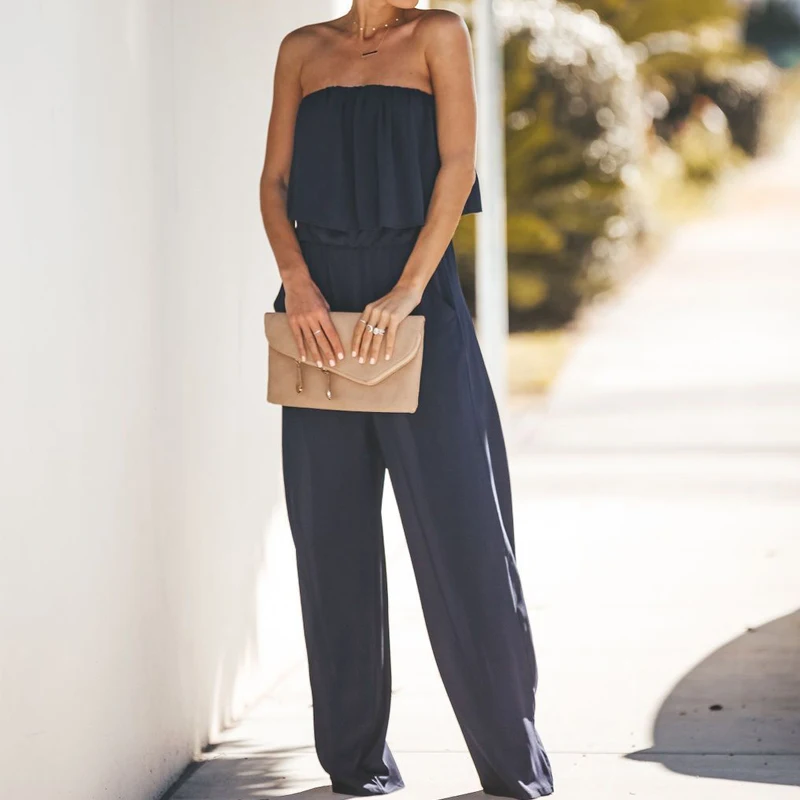 Missufe عارية الذراعين مثير ارتداءها المرأة الصيف عموما الإناث Playsuit عارضة واسعة الساق بذلة حمالة مزدوجة الكشكشة حللا Missufe عارية الذراعين مثير ارتداءها المرأة الصيف عموما الإناث Playsuit عارضة واسعة الساق بذلة حمالة مزدوجة الكشكشة حللا