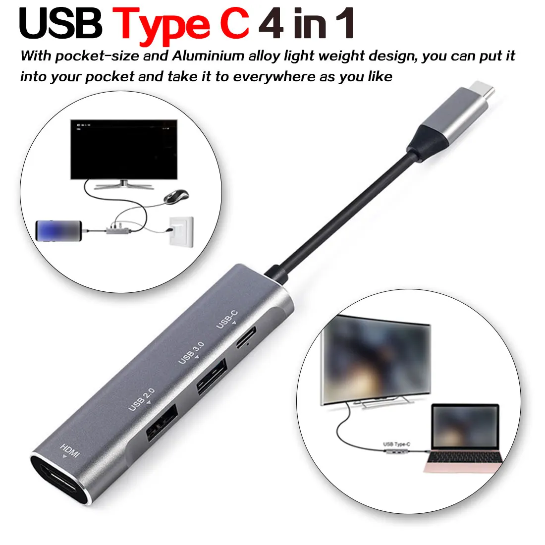 

USB Type C 4 in 1 HUB Aluminum Multiport Adapter Docking Station USB-C Hub HD Video HDMI Usb charging station