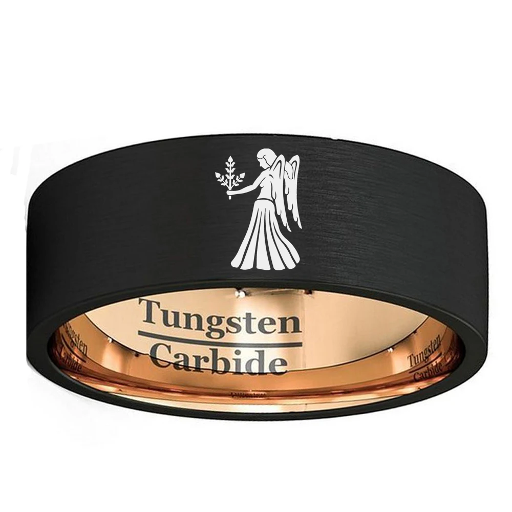 

Custom Zodiac Virgo Laser Ring 8mm Mens Black & Rose Gold Color Tungsten Constellation Band Size 7 to 13