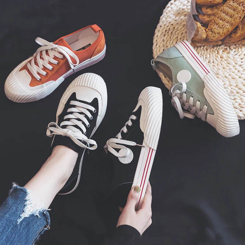

2019 Summer Spring New Women's Shoes Cloth Sneakers Canvas Vulcanized Trainers Lace Up Girls Orange Shoes Round Head Flat Heel