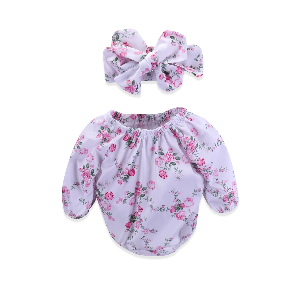 0 2T Baby Girl Long Sleeve Onesies kid Flower Print Halter 2Pcs Outfi