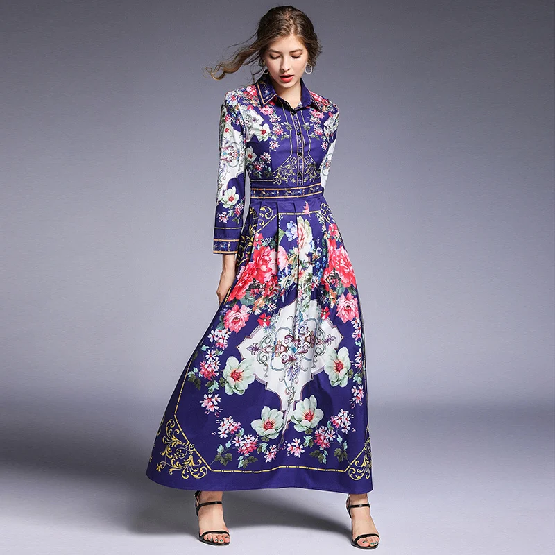 

2019 Autumn Dress Fashion Brand Runway Designer Women's Long Sleeve Robe Femme Sukienki Vintage Floral Print Casual Maxi Dress