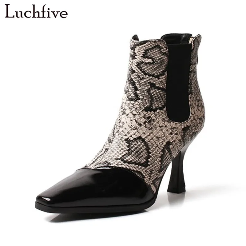 

2018 Newest Snake skin high quality leather Short Boots high heels square toe runway style Ankle Boots for women autumn shoes