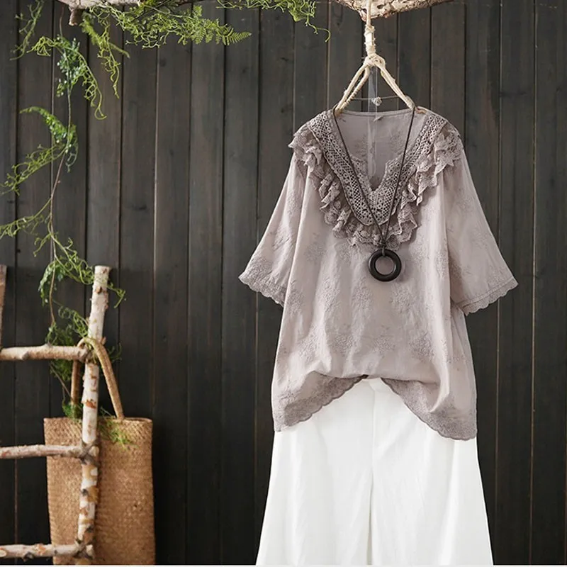 

Literature Split Joint Woman 2019 Summer Pullover Tees Ruffles Lace Short Sleeve V Neck Ladies Tops Female Cotton T-shirts Mori