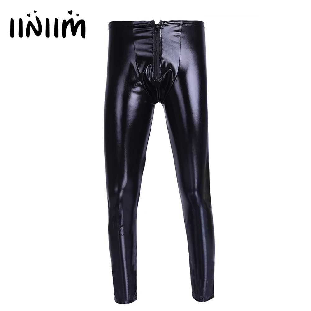 

iiniim Black Mens Patent Leather Zipper Bulge Pouch Tight Pants Leggings Trousers Sexy Clubwear Dancing Slim Cut Costumes