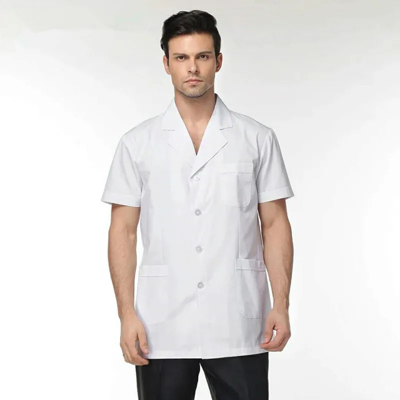 Male and female doctors wear lab coat, short sleeve summer clothing