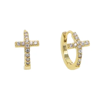 

classic design cz cross small hoop earring for women religious cross circle factory wholesale cute adorable cross mini hoops