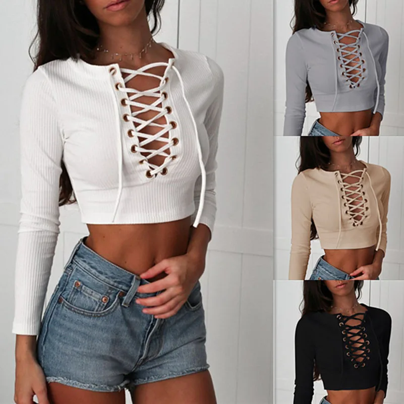 

Hot New Design Solid Women T-shirt Hollow Out Tie Bow Full Sleeve O Neck Short Top Tees Fashion Female 2018 Shirt ++.