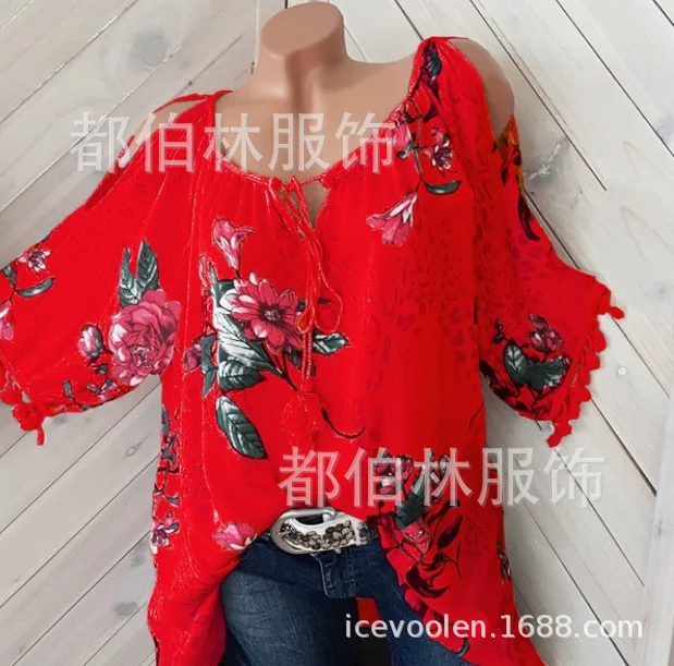 Женские блузки большого размера, лето, новые женские рубашки с коротким рукавом, модные принтованные рубашки с открытыми плечами и круглым вырезом 5XL - Цвет: Красный