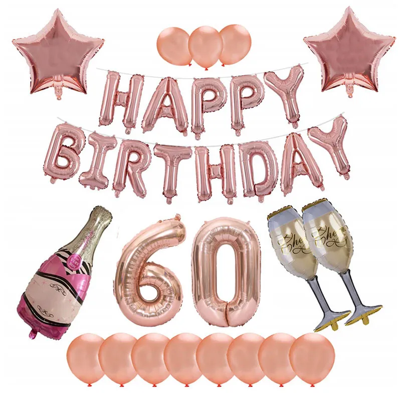 Розовые золотые фольгированные шары, 16 дюймов, с буквами, с днем рождения, украшения для вечеринки, для взрослых, 30, 40, 50, 60, на день рождения, шампанское, ура, воздушный шар