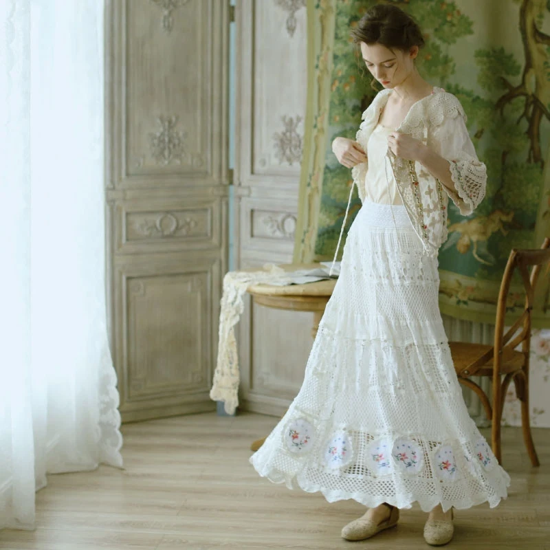 

LYNETTE'S CHINOISERIE Spring Autumn Women Vintage Embroidery Mori Girls Elastic Waist Cotton Skirts