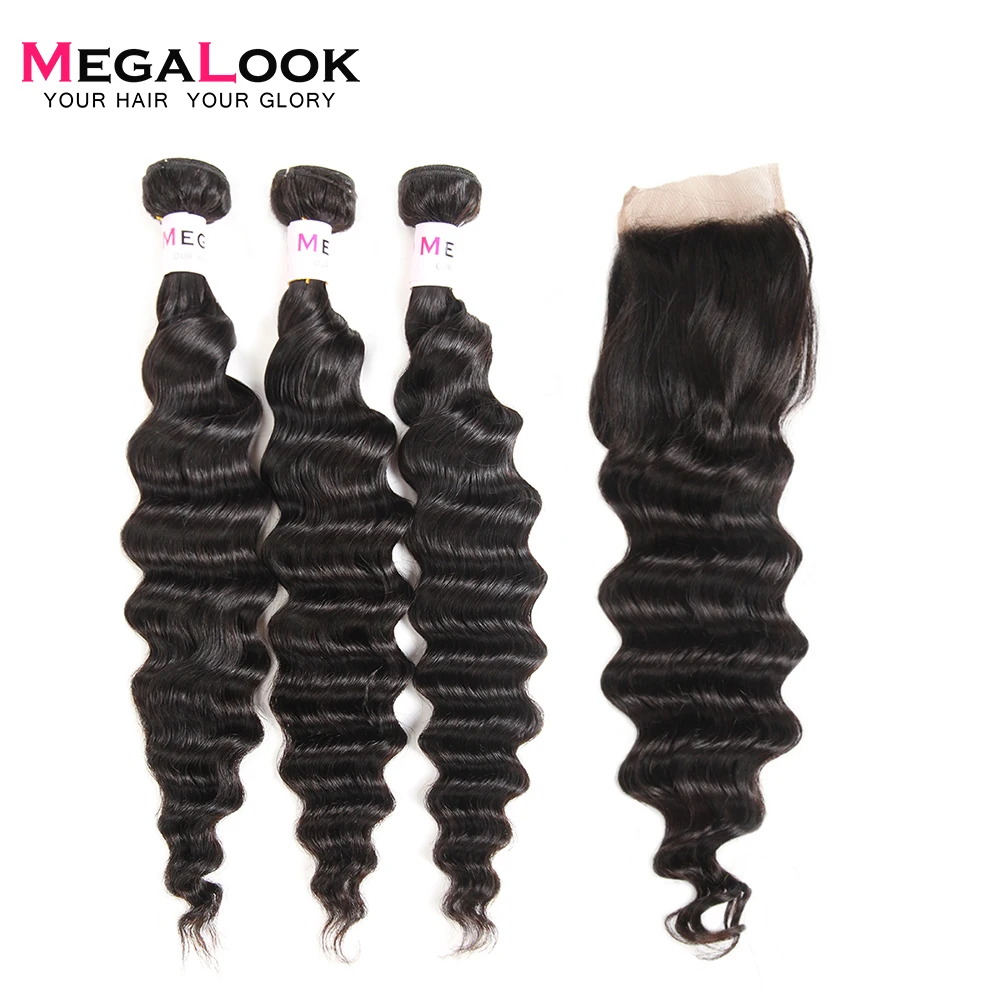 Megalook Malaysian Loose Deep Wave Bundles with Closure 3pcs 100% Human Hair with Lace Closure