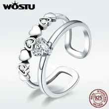WOSTU, Настоящее серебро 925 пробы, для невесты, сердце, прозрачное, CZ, открытые кольца для женщин, девичьи украшения, для свадьбы, вечеринки, серебряное кольцо DXR429