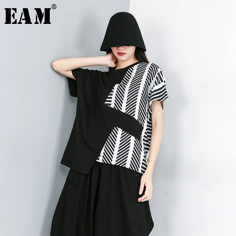 

[EAM] 2019 New Spring Summer Round Neck Short Sleeve Black Striped Split Joint Loose Big Size T-shirt Women Fashion Tide JW569