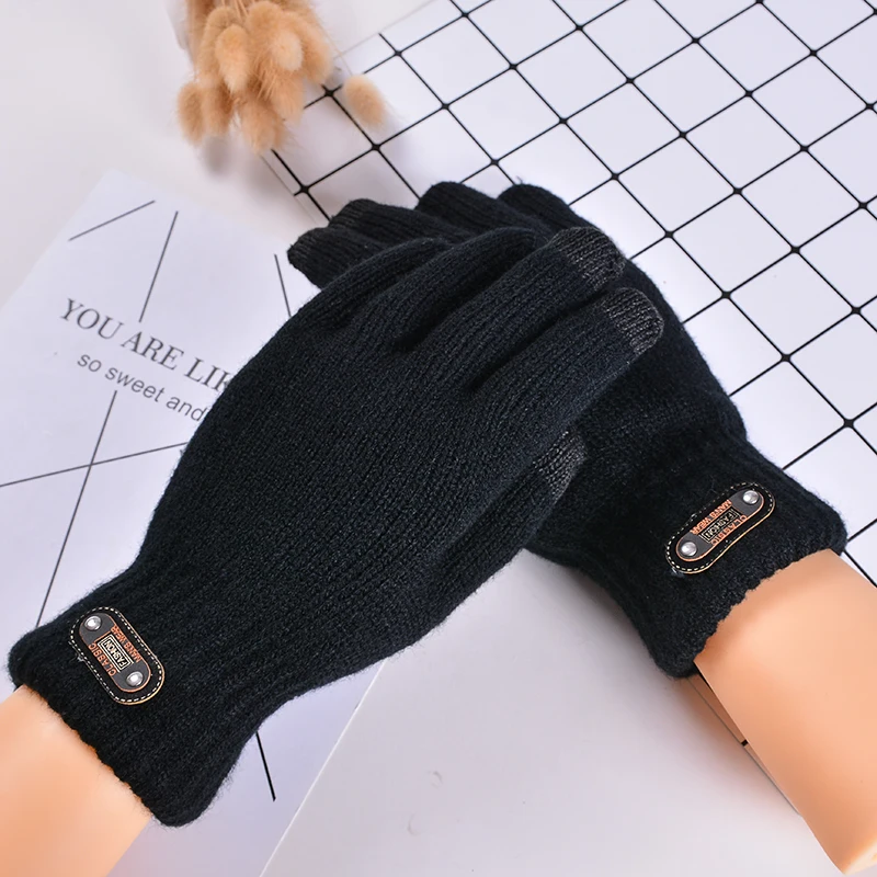 

Winter double layer thicken warm black color knitted gloves winter touchscreen full fingers Gloves