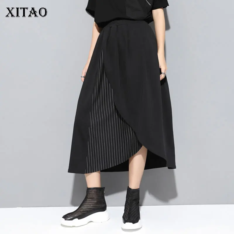 

[XITAO] Irregular Women Korea Fashion New 2019 Summer Skirt Female Loose Pocket Casual Patchwork Striped Mid-calf Skirt ZQ1405