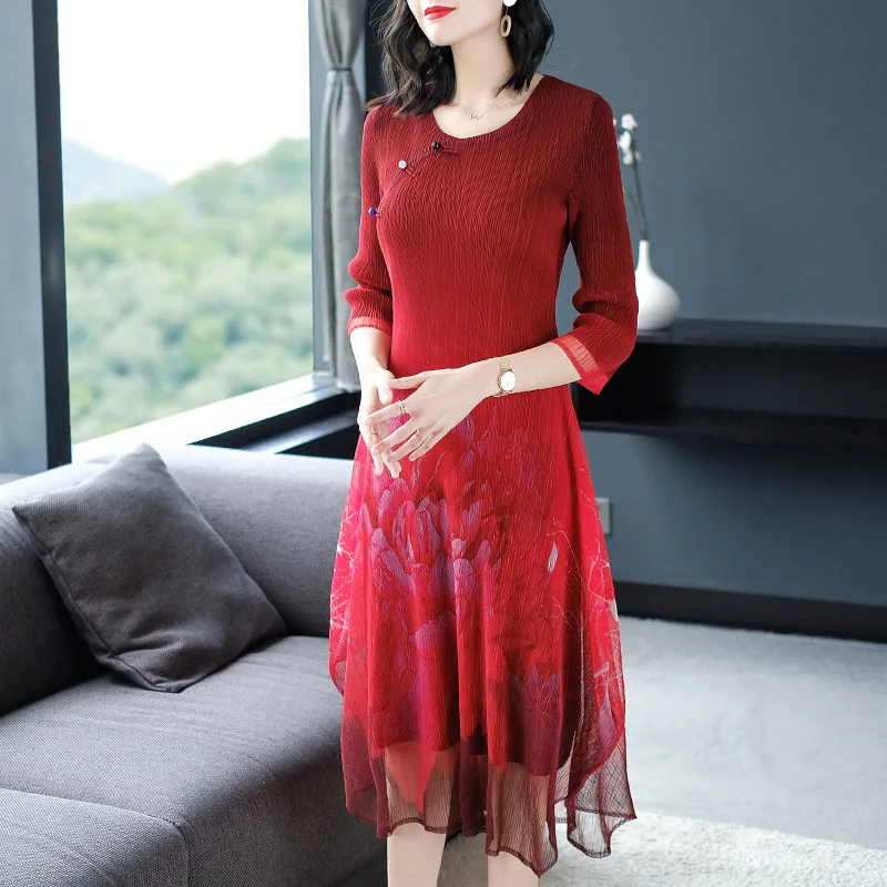 

Plus Size Dress Women 2019 Spring Printed Cheongsam Style High Elastic Slim Elegant Mid-calf Dress for women weight45-75kg