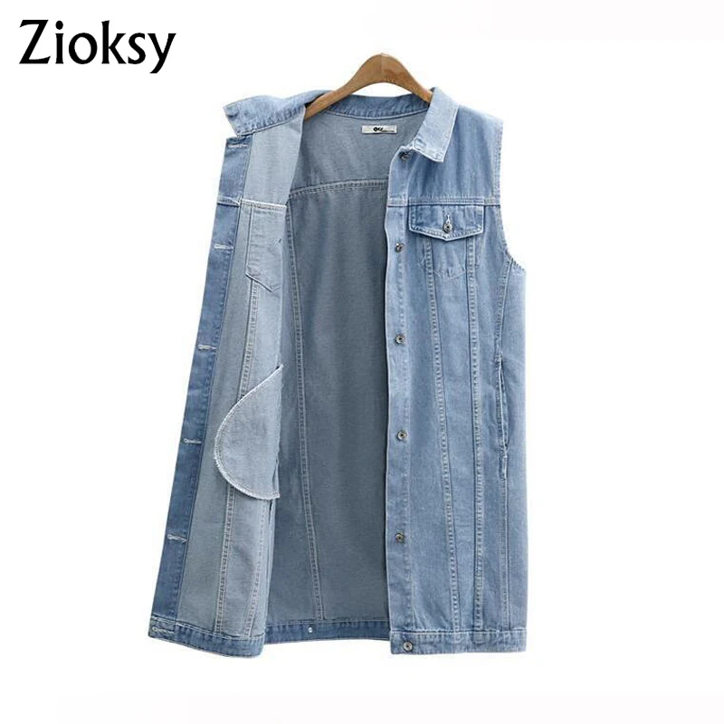 

Zioksy Large size 5XL Denim Vests 2017 Summer Women Turn-down Collar Coat Sleeveless Long Denim Jacket veste femme