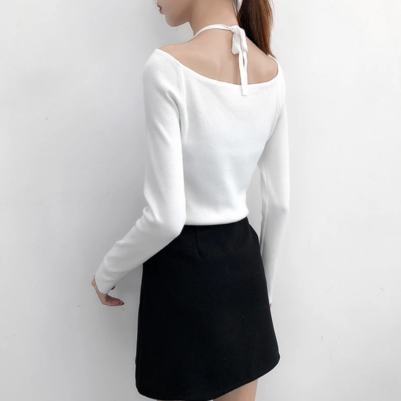 Fashion Women's Sweaters And Pullovers Sexy Hanging Neck Shoulder Off Female Sweater Casual Solid Color Knit Sueter Mujeres 2018