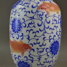 Китайский фарфор ручной работы Рисунок цветка и реалистичные рыбы благородный большая ваза с отметкой