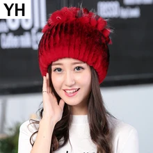 Русская женская шапка из меха кролика Рекс, зимняя вязаная шапка из меха кролика Рекс, шапка с цветком, теплый Настоящий мех кролика