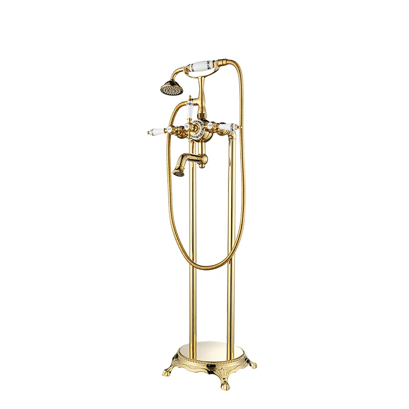 

Luxury Modern Freestanding Dual Cross dles Bathtub Faucet Tub Filler Gold Color Golden Finish Floor Mount Hot and Cold Water