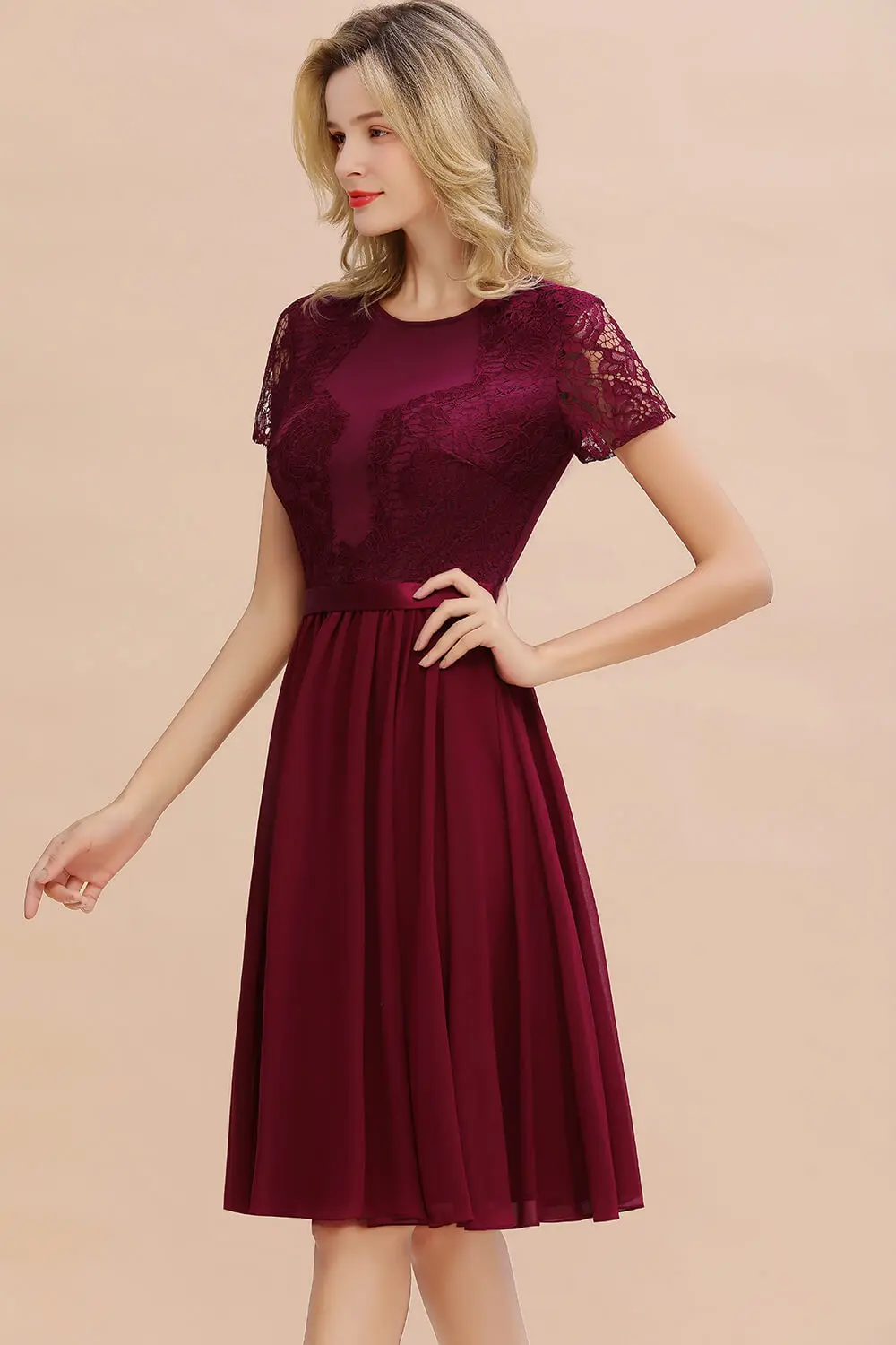 Robe de Soiree Courte шикарное бордовое кружевное короткое элегантное вечернее платье ТРАПЕЦИЕВИДНОЕ вечернее платье с короткими рукавами Vestido de Festa