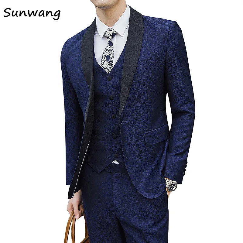 2019 Costume Homme Fashion Blue Red Lapel Men Flower Wedding Suit