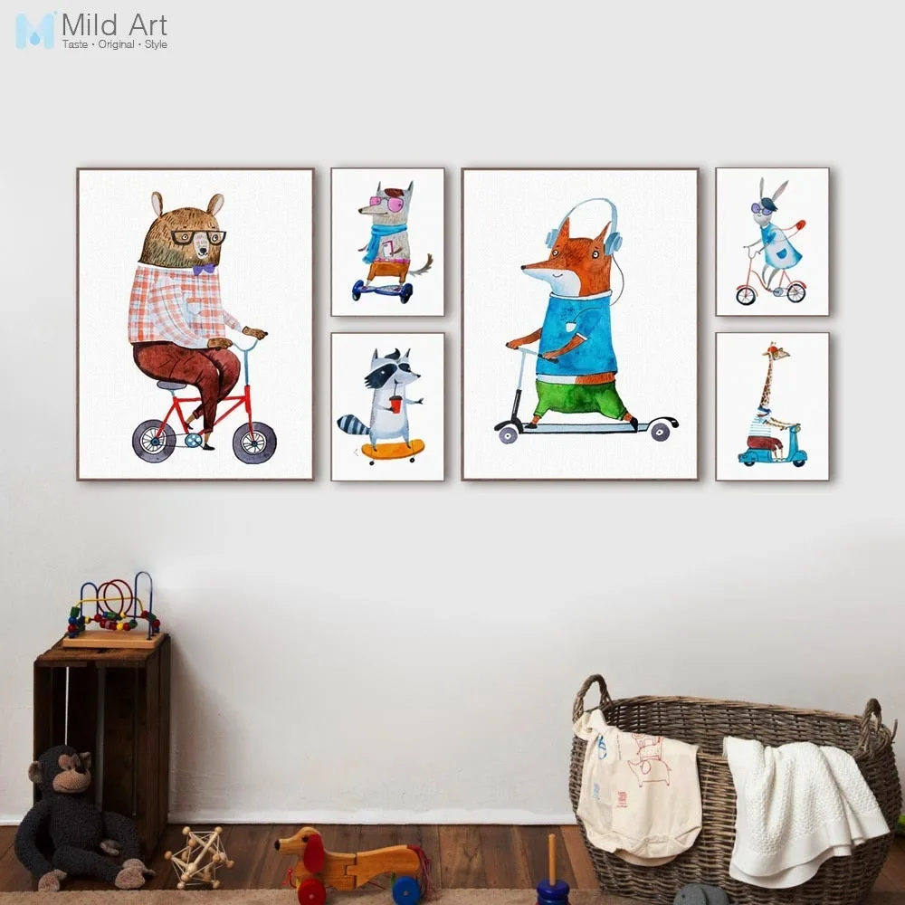 

Kawaii Hippie Sports Animal Bear Rabbit Poster Prints Nordic Kids Boy Room Wall Art Pictures Home Decor Canvas Painting Custom