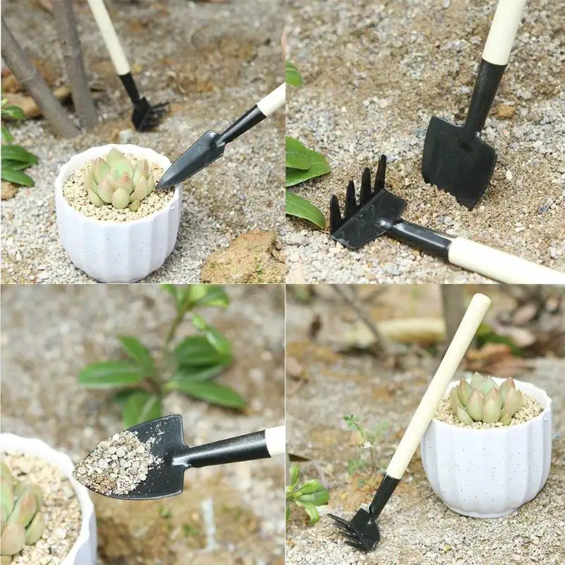 3pcs Mini Shovel Rake Garden Plant Tool Set With Wooden Handle Gardening Tools Children Small Harrow Spade Shovel Garden Tools new 3pcs outdoor garden tools set rake shovel playset kids beach sandbox toy