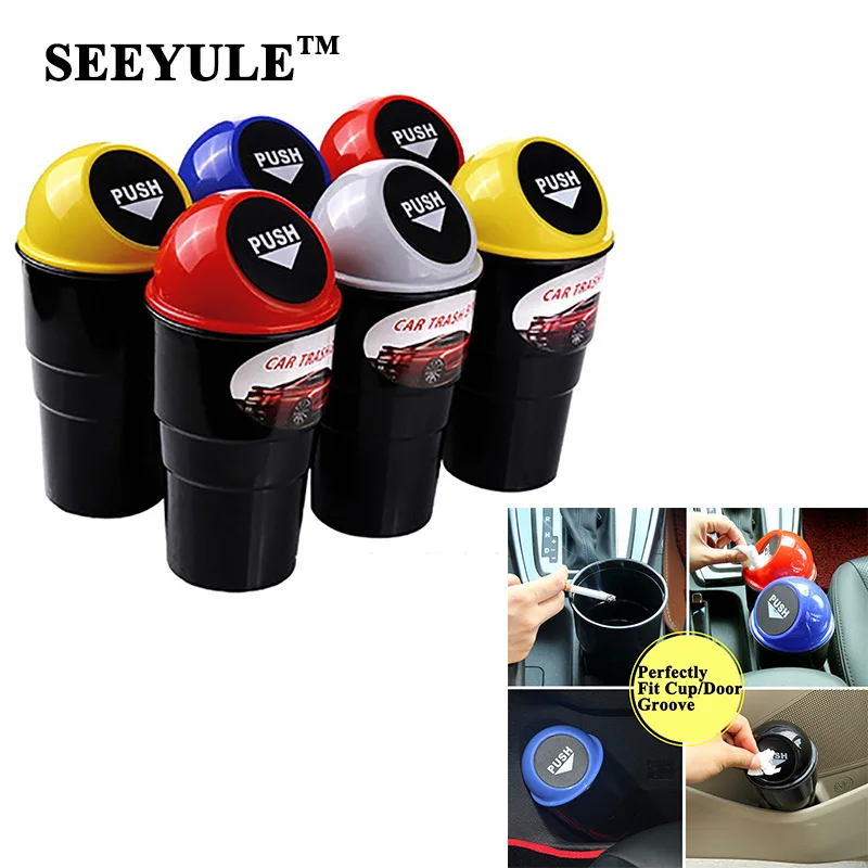 

1pc SEEYULE Car Styling ABS Car Garbage Trash Can Spring Push Rubbish Holder Bin Stowing Tidying Storage Bag