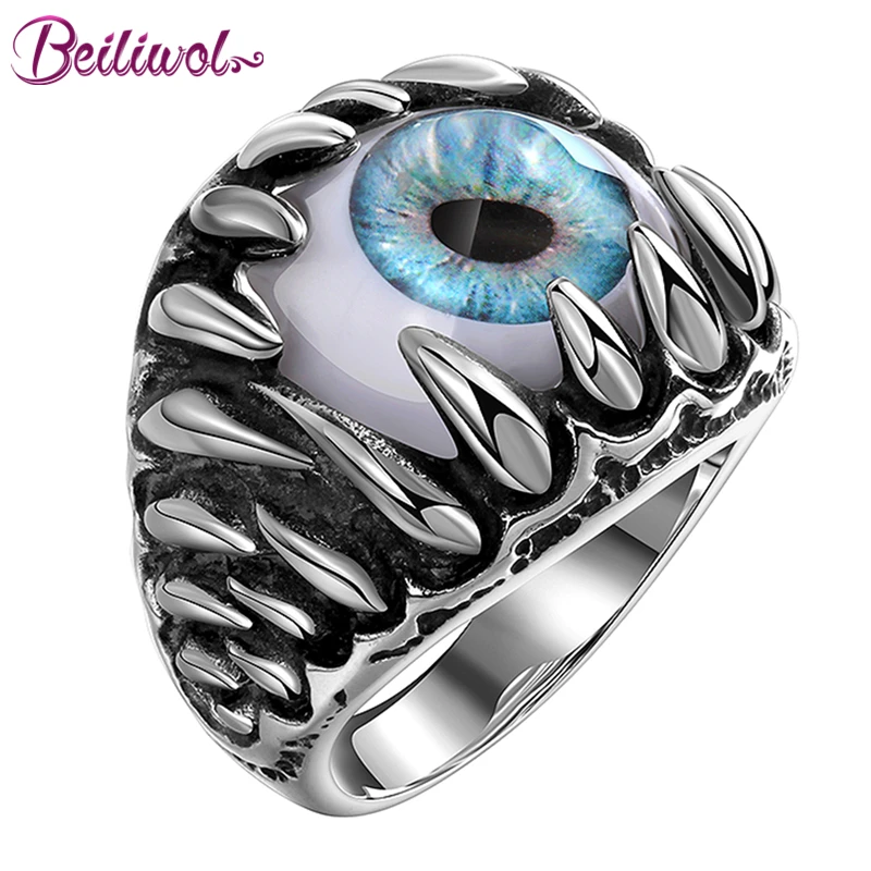 

Punk Rings for Men Stainless Steel Retro Style Paw Blue Evil Eyes Silver Color Personality Vintage Jewelry Never Fade