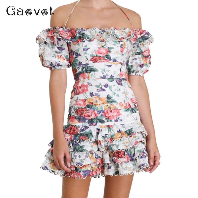 

2019 Summer Woman Dress Floral Print Ruffles Slash Neck Spaghetti Strap Mini Dress Empire A Line Fashion Party&Beach Vestidos