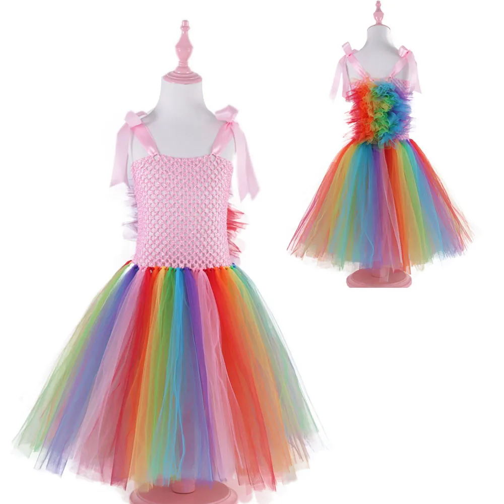 

2019 Summer Children's Halloween Party Christmas Rainbow Mesh Ball Gown Tulle Unicorn Dress Princess Party Girls Dresses Cosplay