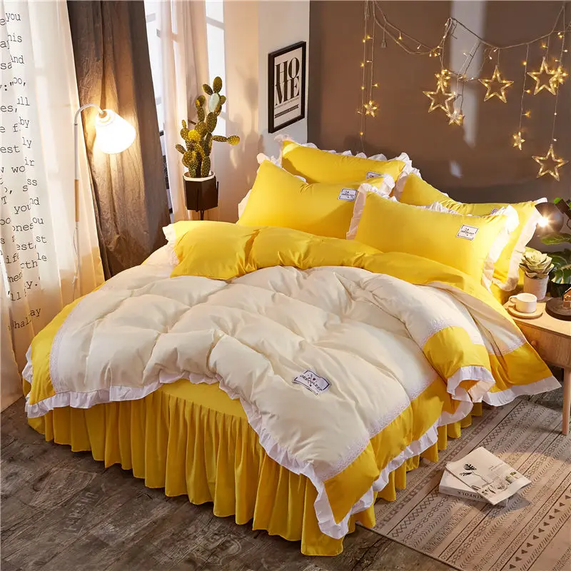 

Lovely Princess Style yellow ruffles Bed skirt High quality Bedding Set Duvet Cover sets Bed Linen Pillowcases 3/4Pcs bedclothes