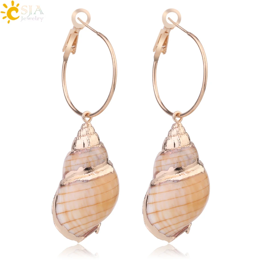 

CSJA Bohemian Hoop Earrings Natural Conch Shell Smooth Circle Ear Loop Snail Shape Pendant for Women Trendy Beach Jewellery G016