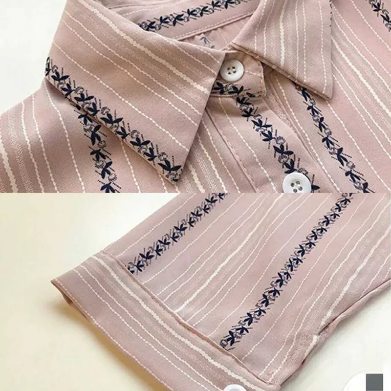 Women Plus Size Pullover Loose Blouse Striped Lapel Collar Seven Point Sleeve Solid Single Buckle Autumn Loose Casual Shirt 6