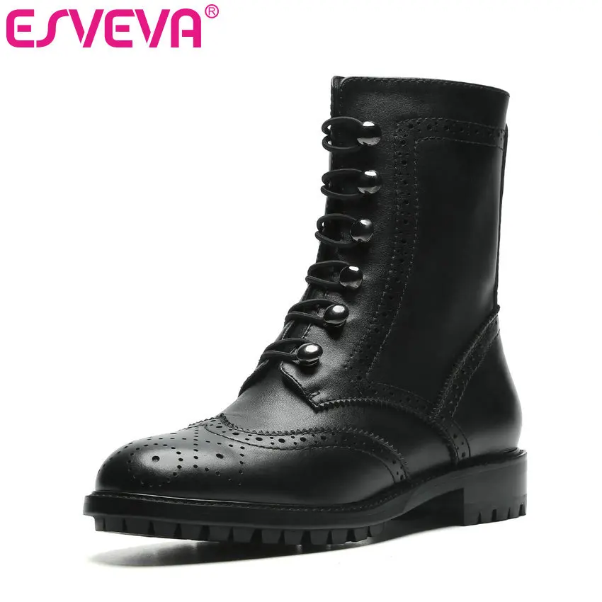 

ESVEVA 2020 Women Shoes Winter Ankle Boots Black Fashion Square Low Heel PU+Leather Motorcycle Platform Boots Size 34-39