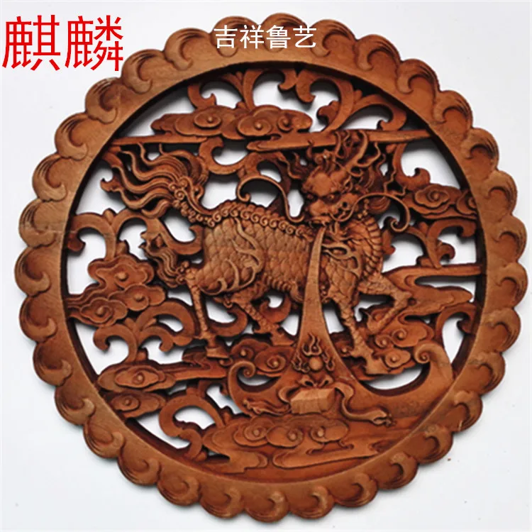 CHINESE HAND CARVED 龙凤呈祥 STATUE CAMPHOR WOOD ROUND PLATE WALL SCULPTURE 