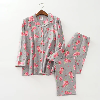 Осень Женская мода многоцветной печати мягкой фланелевой хлопка пижамный комплект женский модный v-образным вырезом гостиная пижамы дышащий sleep set - Цвет: Grey flower