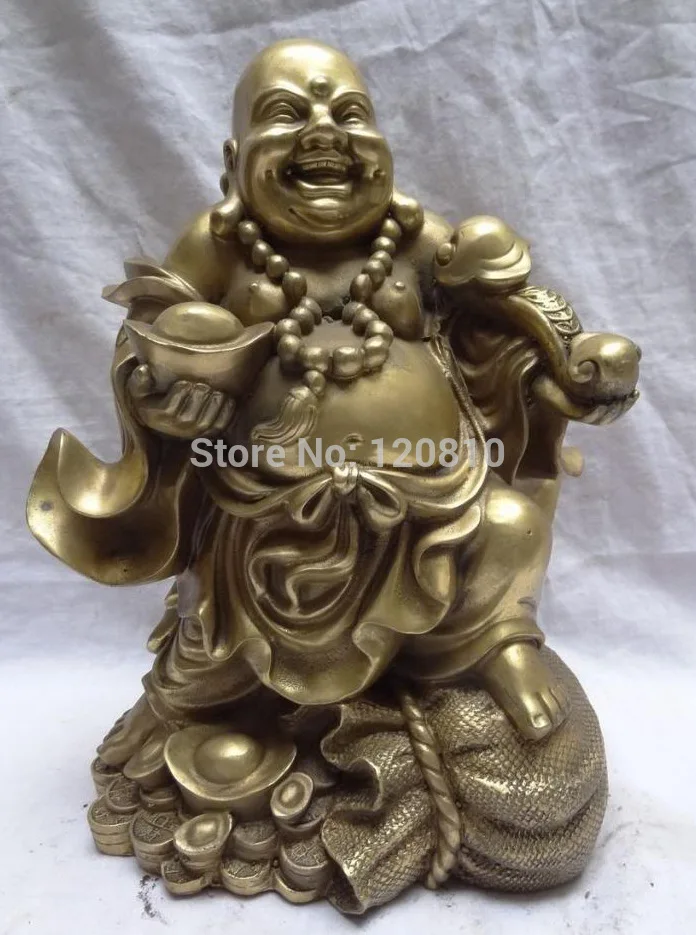 

12" Chinese Brass YuanBao RuYi Happy Laughing Maitreya Buddha Money Bag Statue