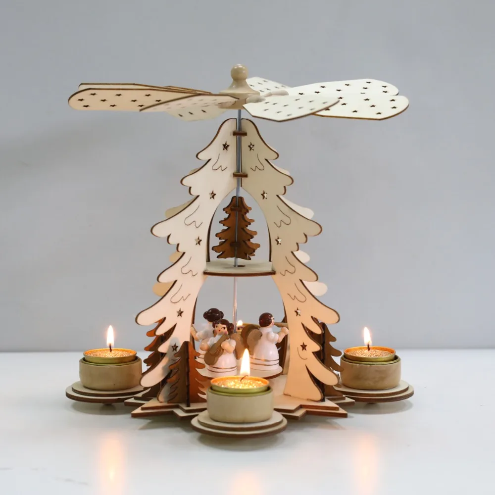 

Christmas wooden pyramid with hand-painted nativity figurines with turning wings with 4 candleholders