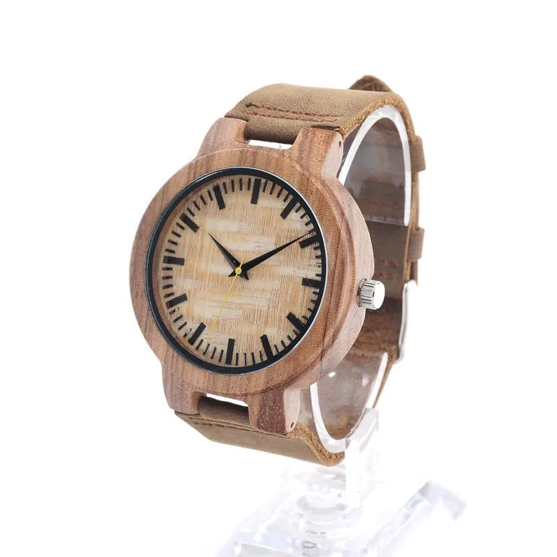 BOBO BIRD Mens Zebra Wood Wristwatch Japan 2035 Movement Quartz Watch with Brown Leather Band Relogio Masculino Mujer V-C18