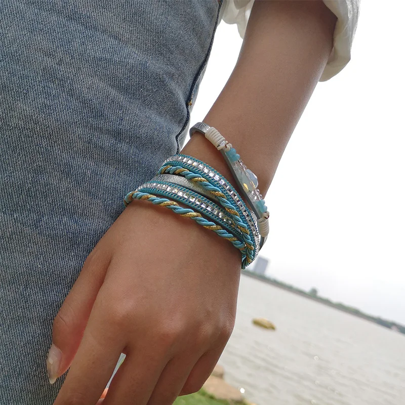 

Rinhoo 1PC Shining Crystal Beads Multi-layer Leather Rope Chain Bracelet For Women Female Exquisite Charm Jewelry Gift