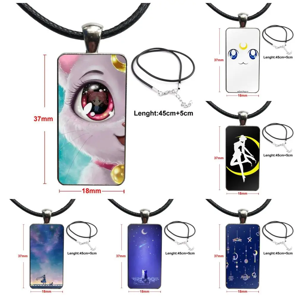 

For Men Women Gift Vintage Jewelry Steel Color Glass Cabochon Choker Pendant Long Rectangle Necklace Sailor Moon Lune Cat